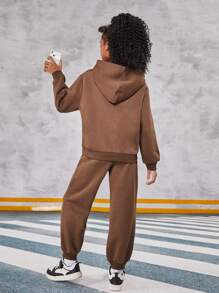 Tween Girl's Street Style Letter Printed Hoodie And Sweatpants Set, Sports Outfit - Brown - View 2
