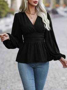 EMERY ROSE Women's Wrapped V-Neck Lantern Sleeve Blouse With Ruffle Hem Peplum Top Fall Cloth For Women