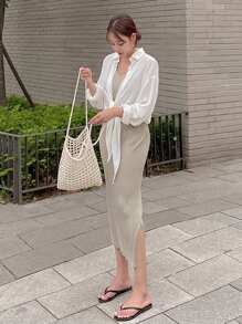 Áo sơ mi buộc dây màu trơn đơn giản cho nữ mặc ngoài, áo dài tay mùa hè - trắng - Xem 7