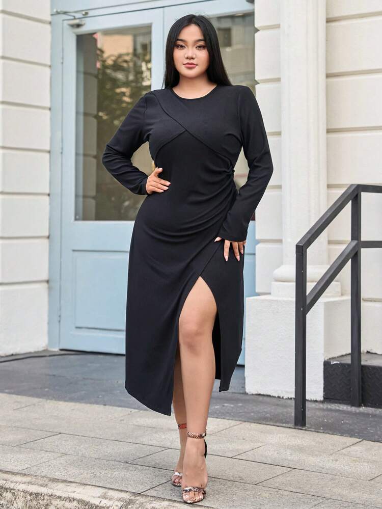 Dazy Plus Plus Size Wrap Long Sleeve Crop Top & High-Slit Cami Dress 2pcs Set Vacation Lounge Sets For Women