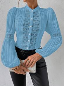 SHEIN Privé 鑲嵌蕾絲的燈籠袖襯衫 - 藍色 - 查看 4