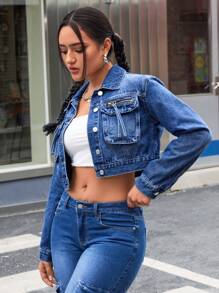 SHEIN ICON 女式水洗牛仔夾克,採用褶皺口袋設計 - 深色水洗藍 - 查看 5