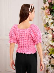 Tween Girls' Square Neck Puff Sleeve Checkered Shirt With Pleats And 3d Pattern Design - Hot Pink - View 2