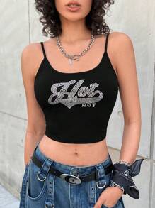SHEIN EZwear Women's Letter Pattern Rhinestone Decor Spaghetti Strap Tank Top Suitable For Spring And Summer - Black - View 3