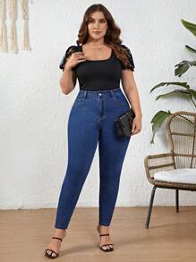 SHEIN LUNE Plus Size High Waisted Butt Lifting Skinny Jeans - Blue - View 5