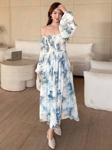 DAZY Đầm trễ vai in hoa nhún bèo cho nữ, đầm mùa thu, đầm Milkmai, đầm tay dài, trang phục đi nghỉ mát, đầm maxi lễ Phục sinh, đầm hoa cho nữ - Màu xanh lam - Xem 5