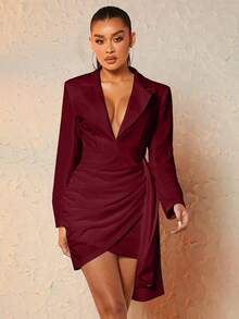 SHEIN BAE Vestido De Señora Con Cuello Cruzado Y Color Sólido - Burdeos - Ver 4