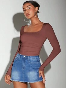 SHEIN BAE 女式長袖方領t恤 - 紅木色 - 查看 5