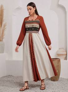 Al Najma Women's Geometric Embroidery Long Lantern Sleeve Arabian Modest Dress - Multicolor - View 5