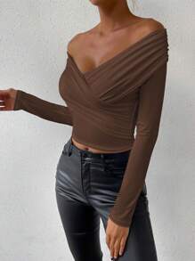 Allurite Women's Off Shoulder Ruffle Long Sleeve T-Shirt - Coffee Brown - View 3