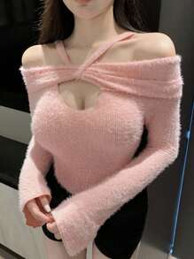 DAZY Của phụ nữ Màu thuần Xu hướng: Cắt giảm Dây Tay áo chuông Áo thun - Hồng - Xem 1