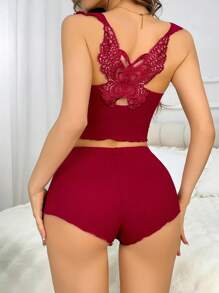 SHEIN 女士蝴蝶蕾丝设计吊带睡衣套装睡衣套装红色两件套红色两件套 - 酒紅色 - 查看 3