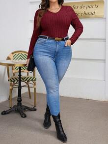 SHEIN Frenchy 大尺碼女款 V 領羅紋長袖 T 卹 - 酒紅色 - 查看 6