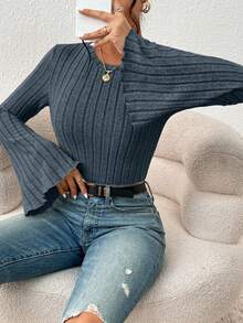 SHEIN Frenchy Women's V-Neck Ribbed T-Shirt With Flare Sleeves - Dusty Blue - View 5