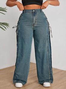 SHEIN ICON 加大碼牛仔褲,側邊帶有交叉綁帶 - 藍色 - 查看 6