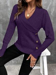 EMERY ROSE Fashionable Women's Shawl Collar Button Detail Sweater - Purple - View 1