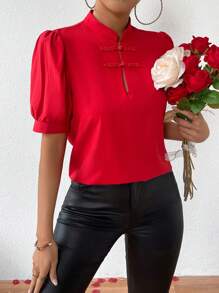 Rafferiza Women's Puff Sleeve Button-Up Shirt For New Year Clothes - Red - View 3