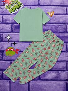 TEENAGE MUTANT NINJA TURTLES | SHEIN Tween Girl Printed Short Sleeve T-Shirt And Long Pants Pajama Set - Green - View 2