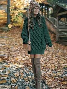 Cable Knit Raglan Sleeve Sweater,Long Sleeve Tops - Green - View 3