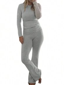 Women's Plain Slim Fit Two Piece Set Including Crop Top With Long Sleeves And High Waist Trousers