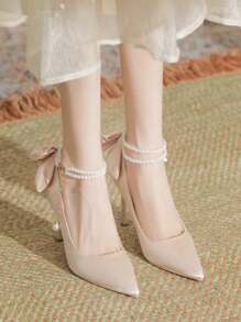 女士法式珍珠蝴蝶結絨面高跟鞋,非常適合旗袍、禮服、伴娘和新娘鞋（白色） - 香檳色 - 查看 1