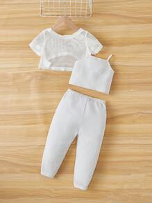 SHEIN 嬰幼女寶寶蝴蝶圖案背心,褲子和網狀襯衫套裝,3入組 - 白色 - 查看 2