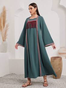 Al Najma Vestido Geométrico Y Trenzado Para Mujer Decorado Con Borde De Borlas Estilo Árabe - Multicolor - Ver 6