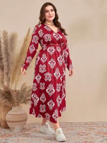 Mulvari Plus Size Women'S Full Print Wrap Collar Dress - Red and White - View 3
