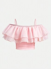 SHEIN Girlism Tween Girl'S Ruffle Trimmed Pleated T-Shirt - Pink - View 2