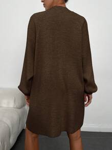 EURMUSE Women's Stand Collar Lantern Sleeve Sweater Dress Without Waist Belt - Brown - View 2