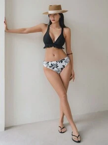 DAZY Summer Beach Plant Print Crisscross Tie Backless Vest Style Tankini Set,Ruffle - Black and White - View 6