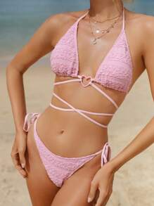 SHEIN Swim Damski komplet bikini w jednolitym kolorze Walentynkowa letnia plaża - Różowy - Zobacz 5
