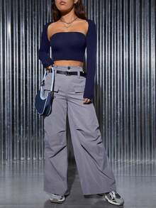 SHEIN PETITE Women'S Solid Color Strapless Long Sleeve Top - Navy Blue - View 6