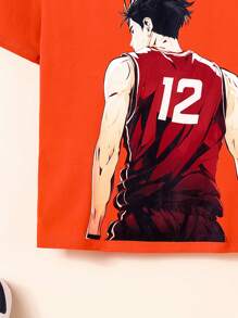 SHEIN Camiseta Deportiva De Manga Corta Para Niños Con Diseño De Personajes De Caricaturas Y Eslogan De Básquetbol De Ajuste Holgado - Naranja - Ver 3