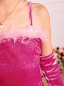 SHEIN Tween Girls' Knit Net Fuzzy & Velvet Spaghetti Strap Tank Top And Skirt With Half Sleeves - Hot Pink - View 3