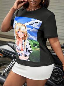 Slaydiva Women's Cute 2d Character Print Short Sleeve T-Shirt - Black - View 4