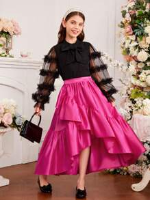 Tween 女童高低褶饰缎面复古正式半身裙，下摆不对称 - 玫紅色 - 查看 4