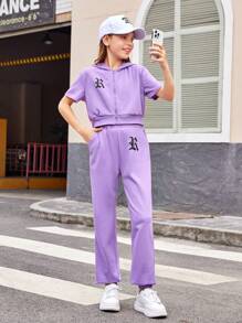 Tween Girls' Knitted Hooded Short Sleeve Sweatshirt With Letter Print And Loose Fit Knitted Tapered Pants Set