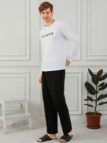 RueChic Heren Chinese Slogan Geprint Lange mouwen T-shirts En Lang Broeken Thuis Draag Sets