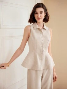 MOTF PREMIUM 女款純色前扣無袖襯衫 - 杏色 - 查看 8