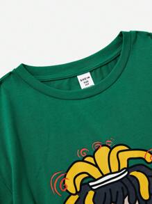 SHEIN 青少年男孩寬鬆休閒圓領卡通圖案t恤 - 綠色 - 查看 4