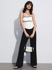 BizChic Women's Color Block Asymmetric Neckline Camisole With Edging - Black and White - View 5