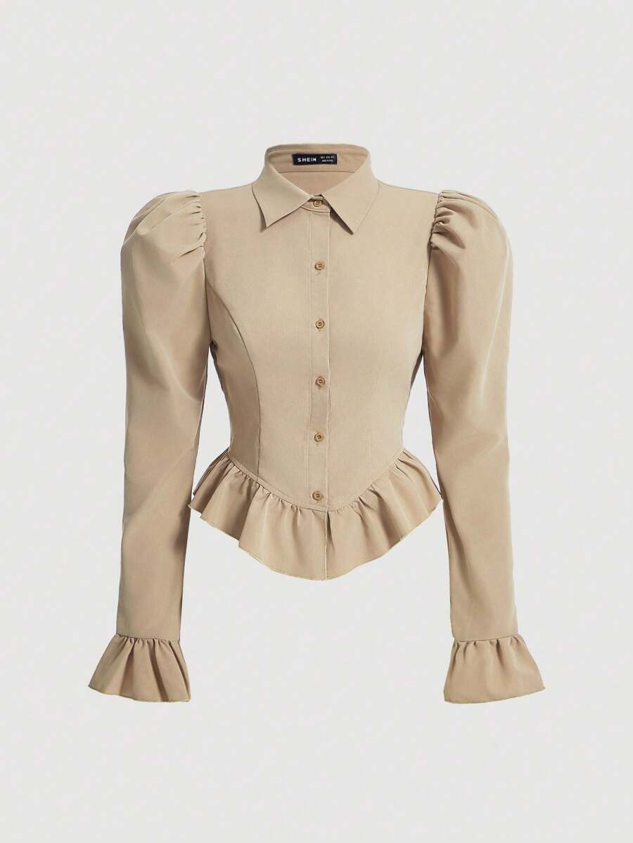 SHEIN MOD Blusa De Manga Larga Hinchada Para Mujeres Con Detalles De Volantes - Caqui - Ver 1