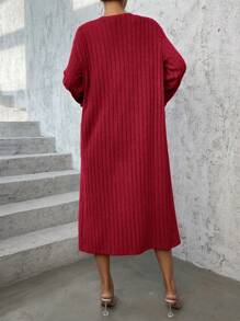 SHEIN Essnce Women's Solid Color Ribbed Knit Cardigan - Red - View 2