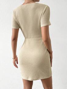 Chiquease Women'S Round Neck Short Sleeves Wrap Hem Pleated Dress