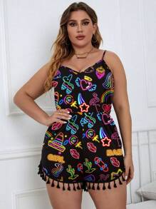 SHEIN Clasi Plus Size Boho Heart Printed Cami Romper With Tassel Hem, For Summer - Multicolor - View 6