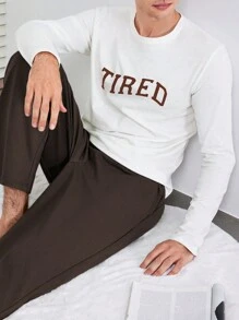 SHEIN Cottnline Men's Letter Print Long Sleeve T-Shirt And Pants Homewear Set - Brown - View 3