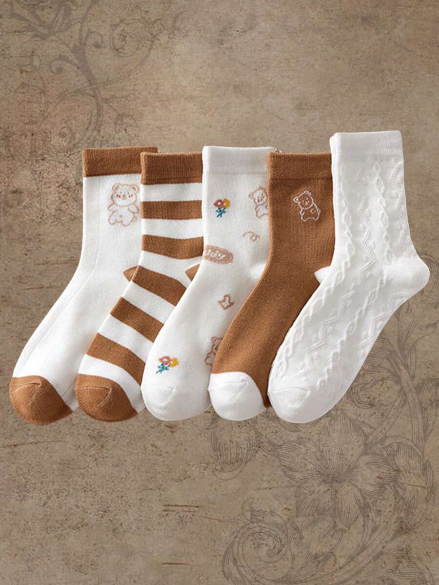 ROMWE Kawaii 5pairs Random Pattern Mid-Calf Socks - Multicolor - View 1
