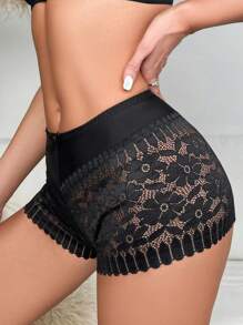 Women's Casual Comfy Black Lace Sheer Boyshort Underwear With Floral Pattern For Curvy Fit - Black - View 5