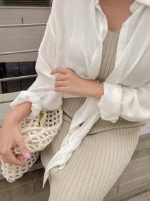 Áo sơ mi buộc dây màu trơn đơn giản cho nữ mặc ngoài, áo dài tay mùa hè - trắng - Xem 8